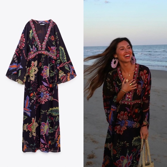 Zara Dresses & Skirts - NEW $129 Zara Black Floral Print Kaftan Style Long Maxi Dress Size Medium (M)